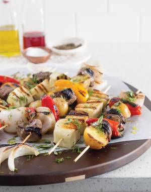 Greek Grilled Steak, Vegetable, and Haloumi Kabobs